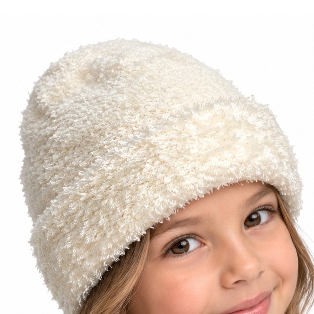 Kids Unisex Ivory Knit Beanie Winter Hat Soft Fuzzy Cuffed Cold Weather Cap